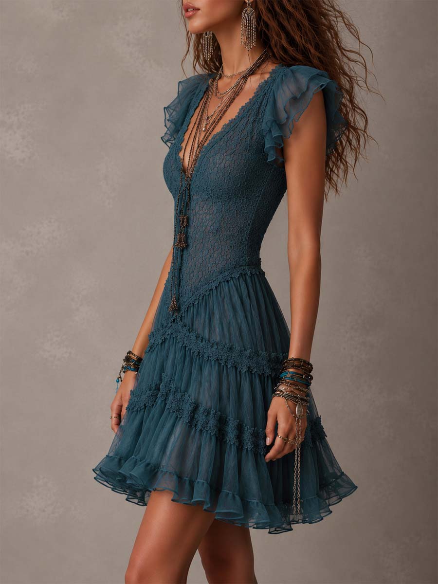 Delphine | Robe Mini Rétro en Dentelle et Mousseline à Volants Bleue