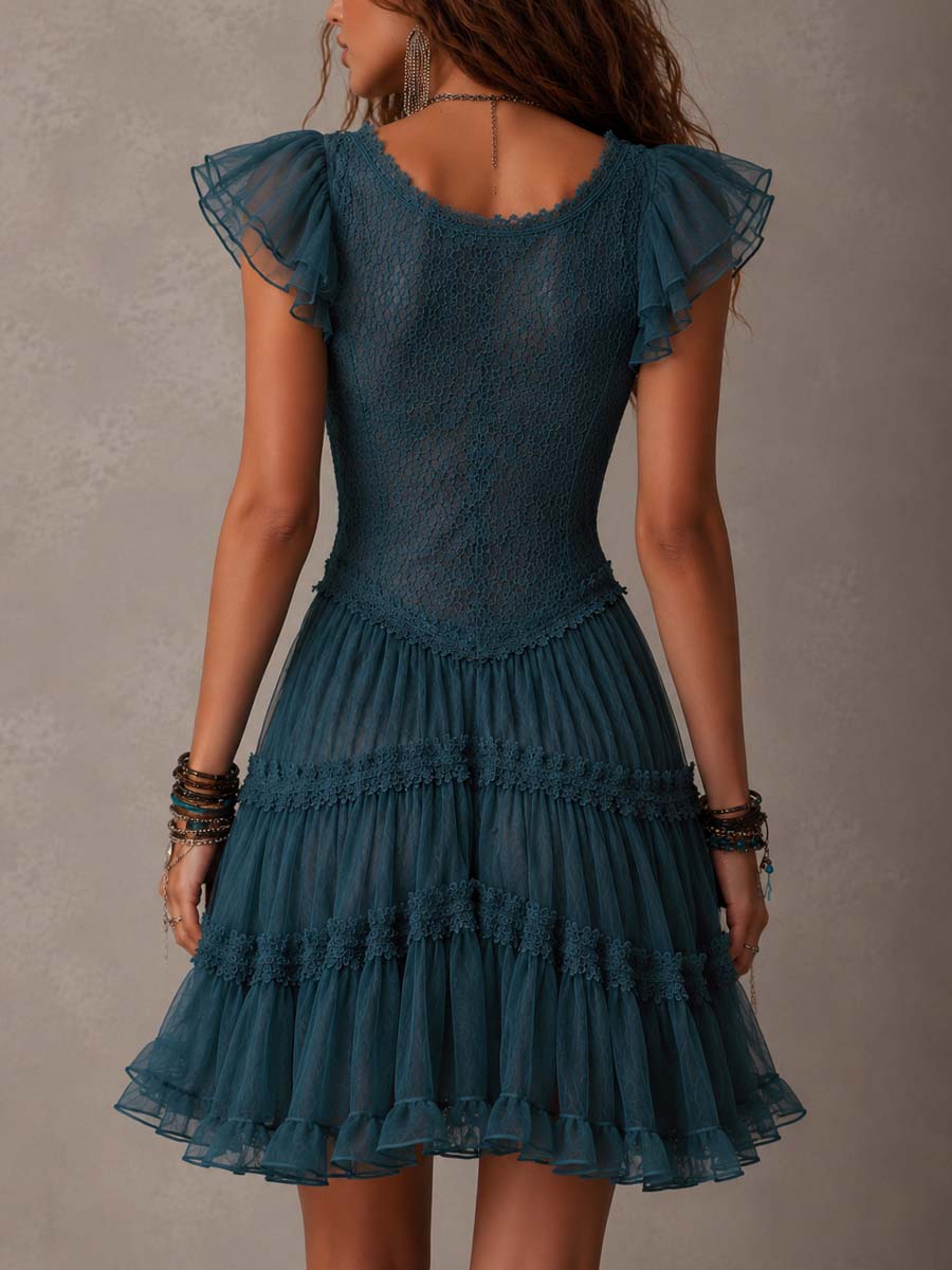 Delphine | Robe Mini Rétro en Dentelle et Mousseline à Volants Bleue