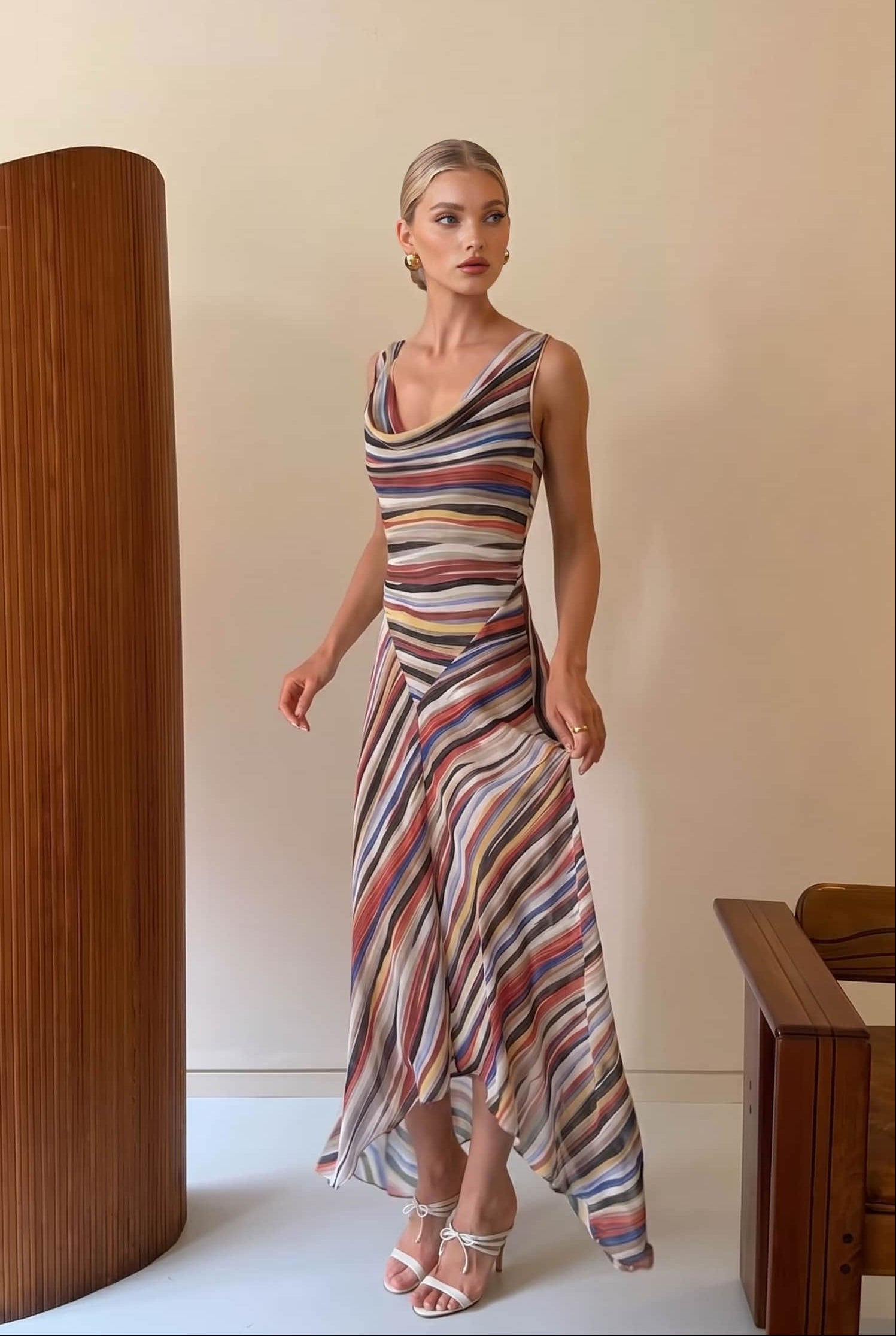 Robe Maxi Rayée à Col Swing