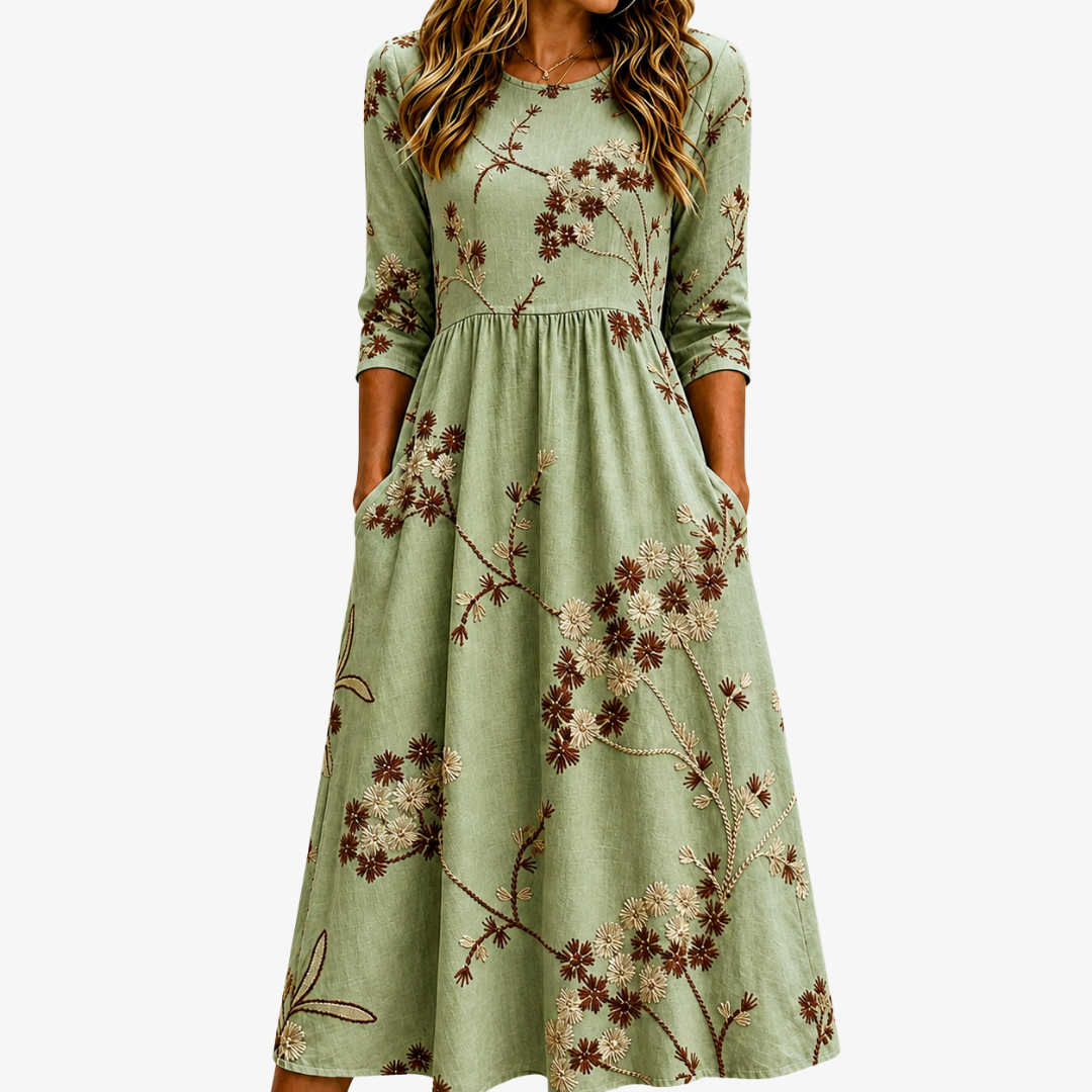Robe Midi Florale à Poches en Teinte Sauge Prairie