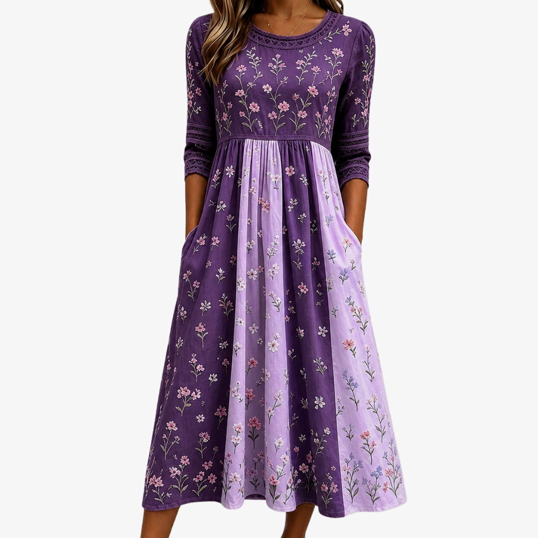 Robe Midi à Motif de Fleurs Sauvages Lavande