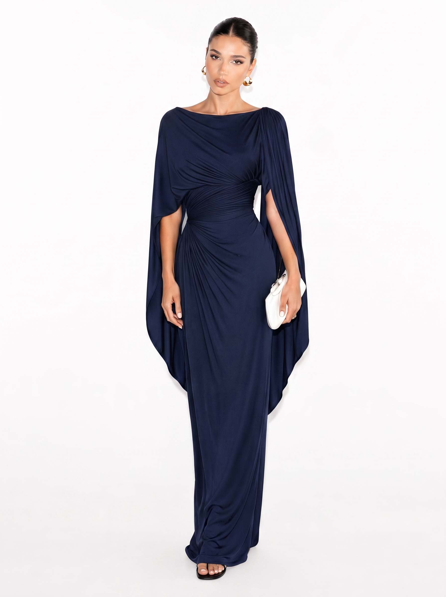 Robe Maxi Slim Fit avec Encolure Bateau Plissée