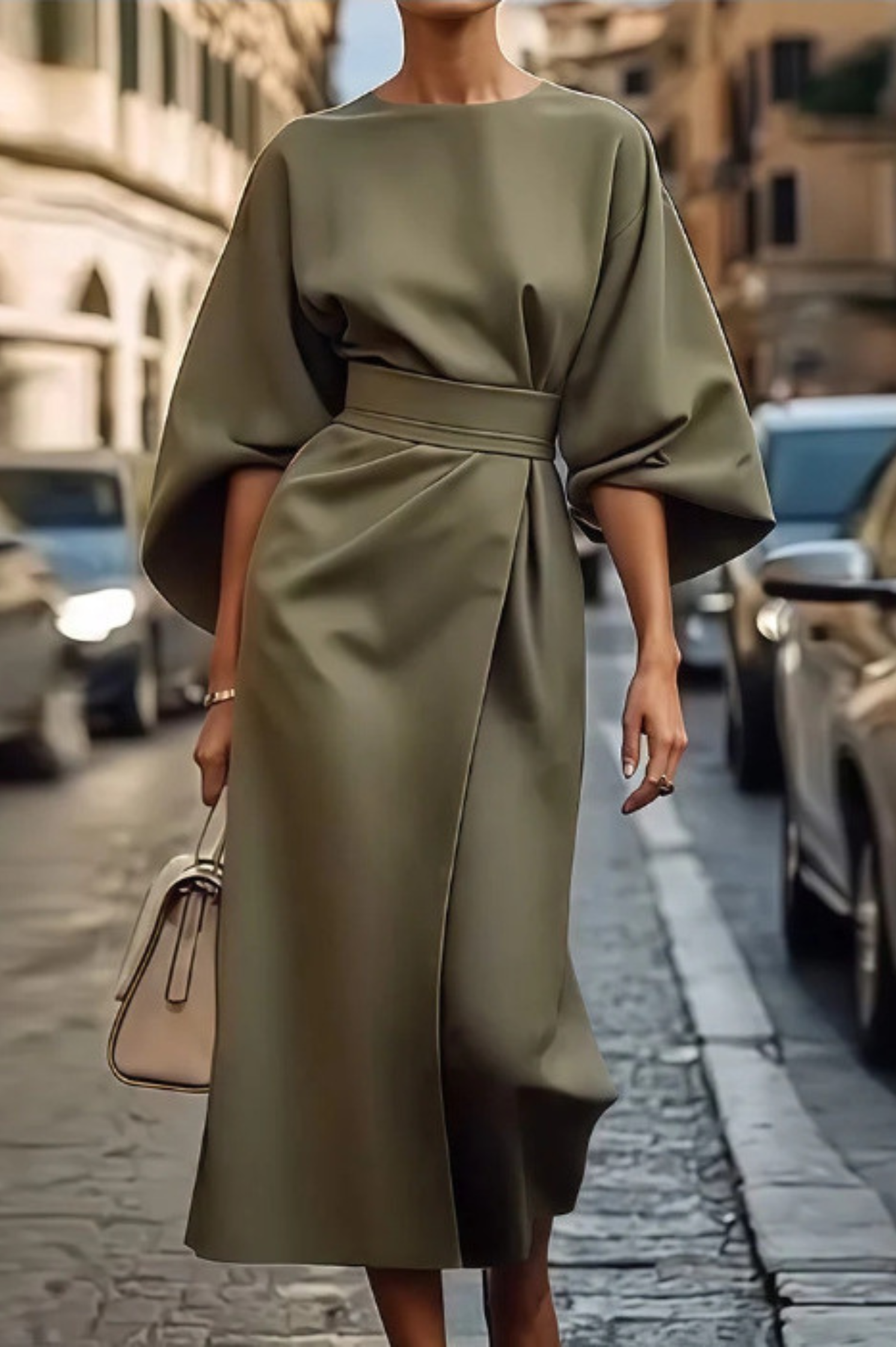 Élégante robe à manches lanternes avec ceinture
