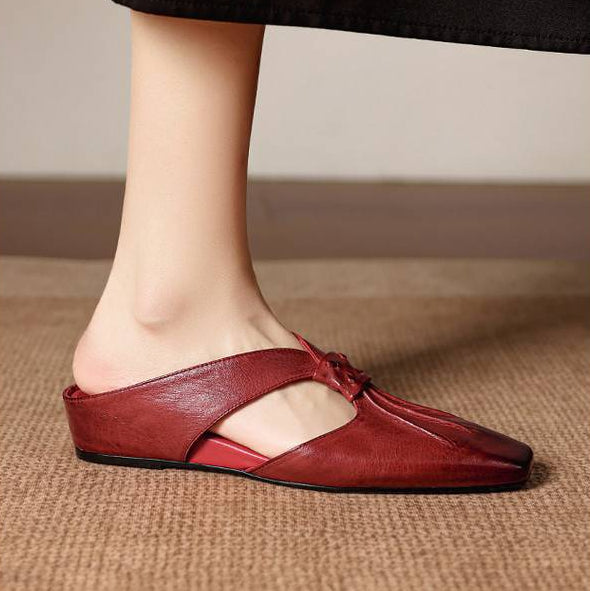 Olene Mules en Cuir Véritable à Bout Carré
