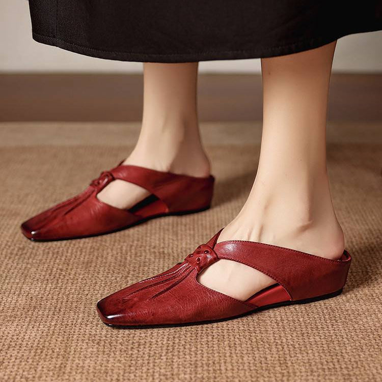Olene Mules en Cuir Véritable à Bout Carré