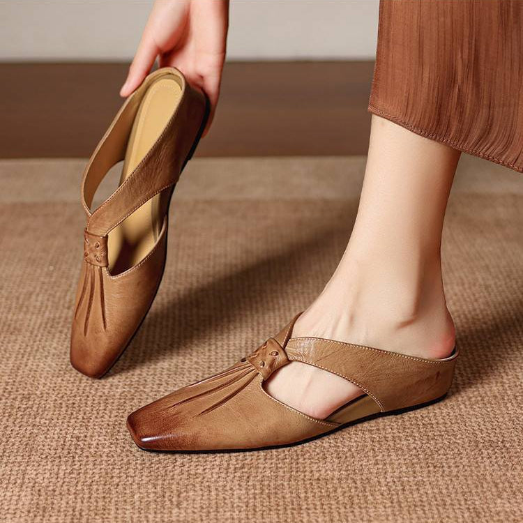 Olene Mules en Cuir Véritable à Bout Carré