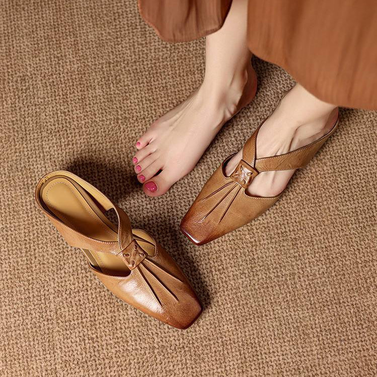 Olene Mules en Cuir Véritable à Bout Carré