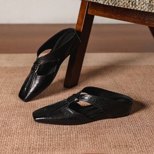 Olene Mules en Cuir Véritable à Bout Carré