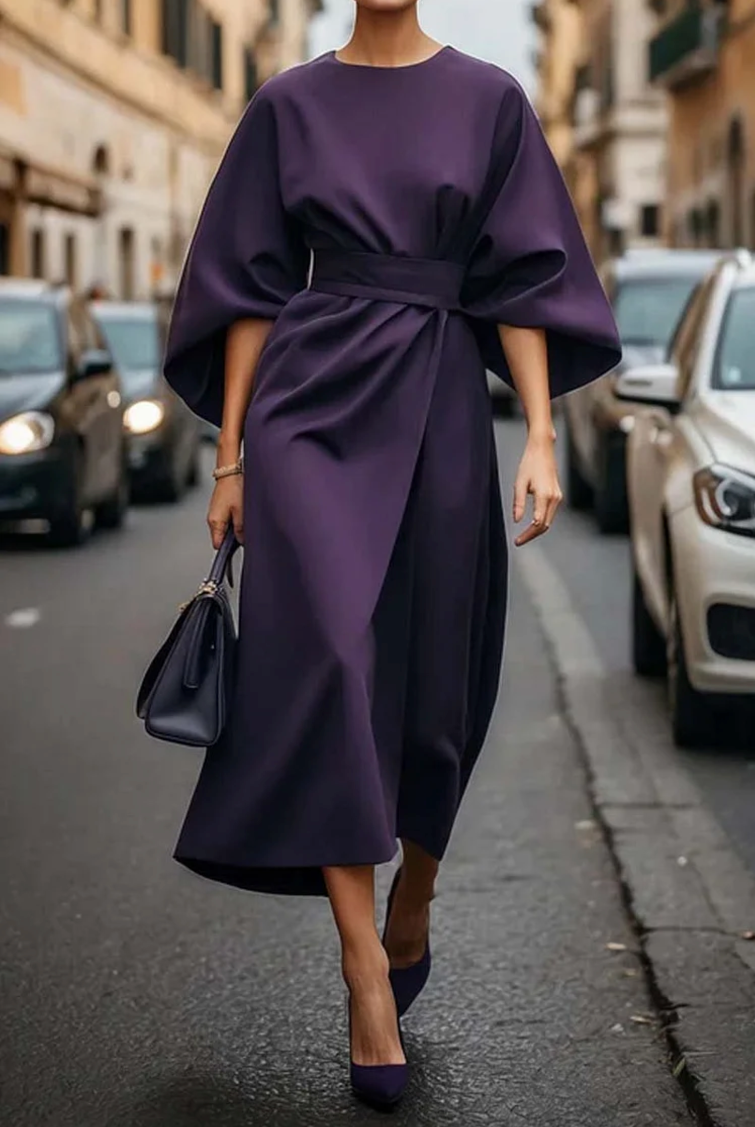 Élégante robe à manches lanternes avec ceinture