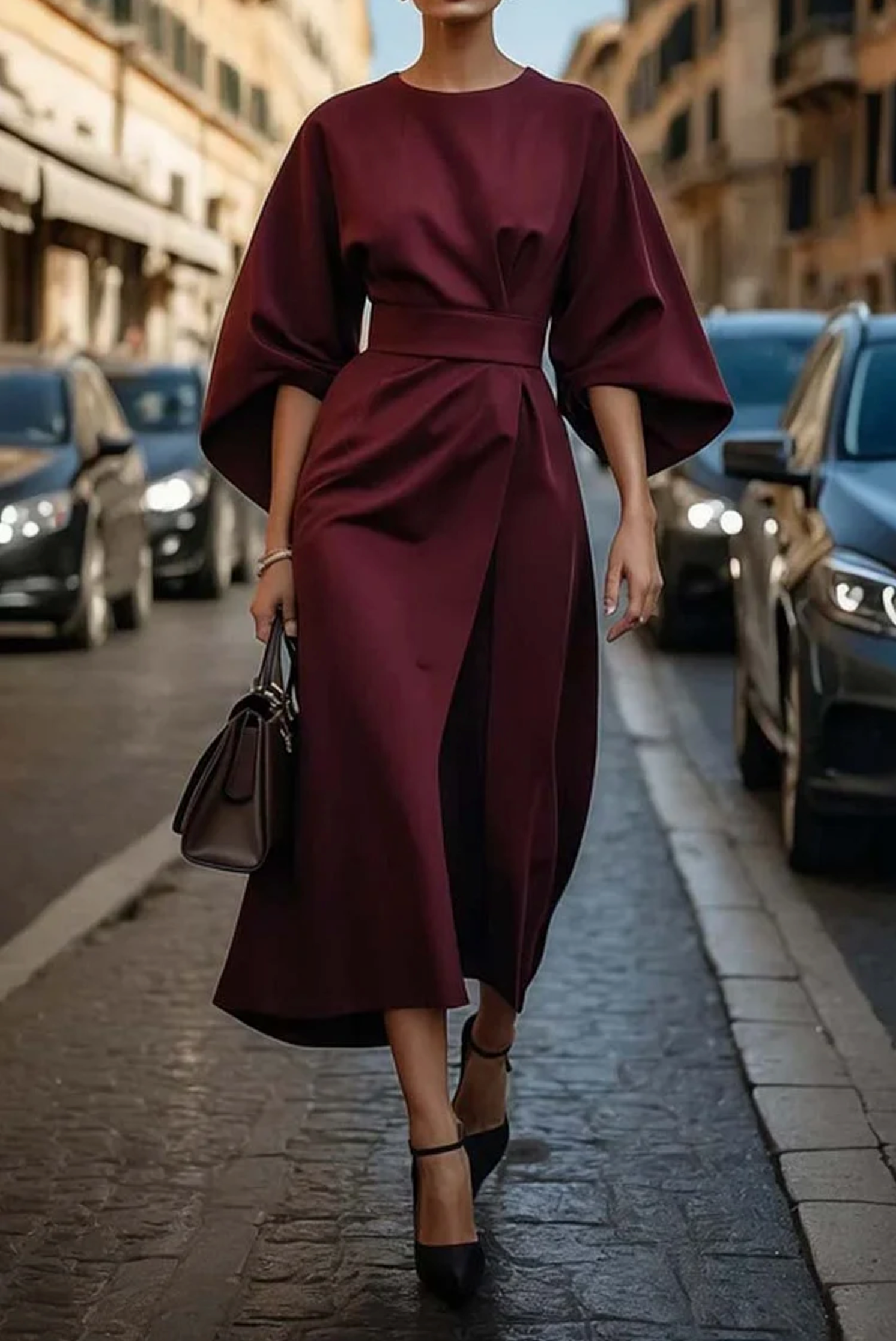Élégante robe à manches lanternes avec ceinture