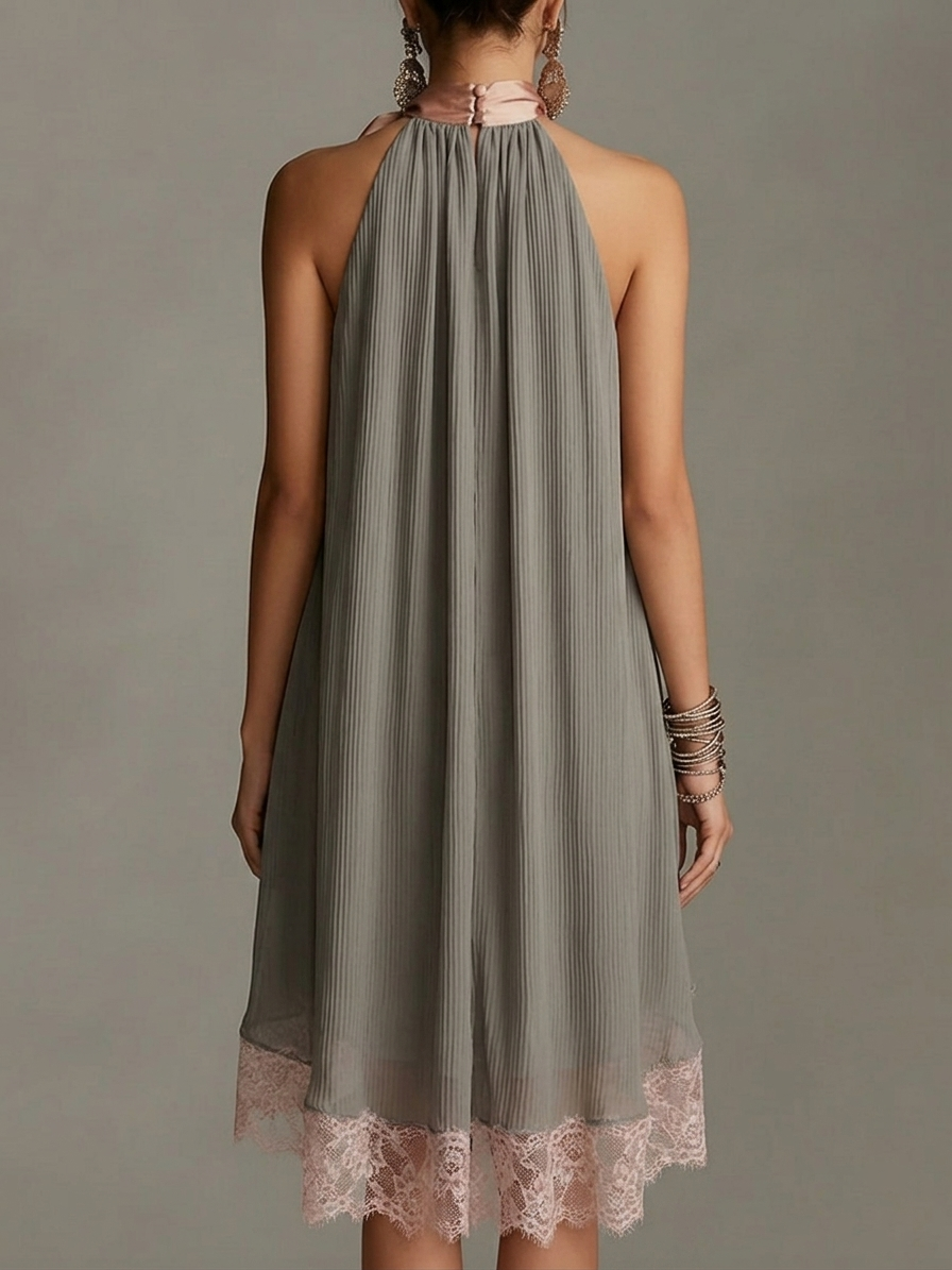 Mini Robe Satinée à Nœud en Dentelle