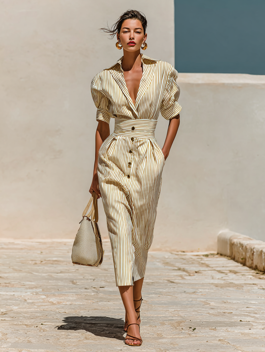 Robe Midi Rayée à Col et Manches Courtes