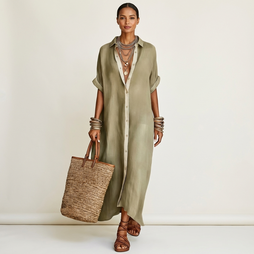 Maxi Robe Chemise à Col Contrasté