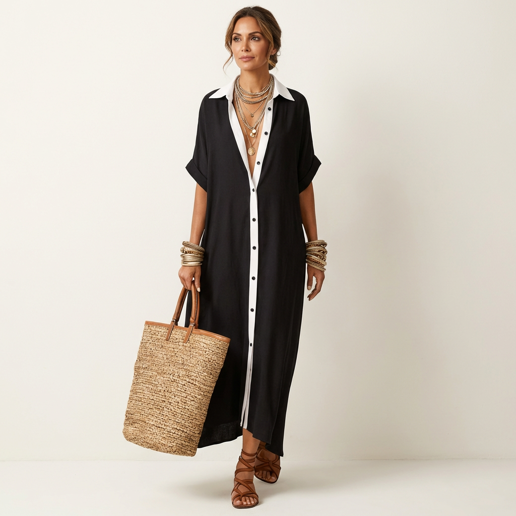Maxi Robe Chemise à Col Contrasté
