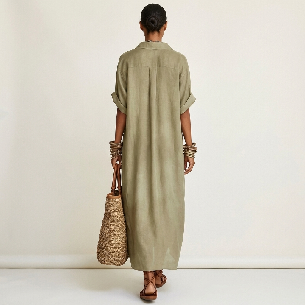 Maxi Robe Chemise à Col Contrasté