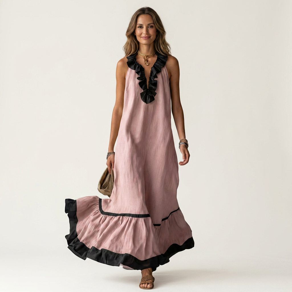 Robe Maxi Sans Manches à Col Volant