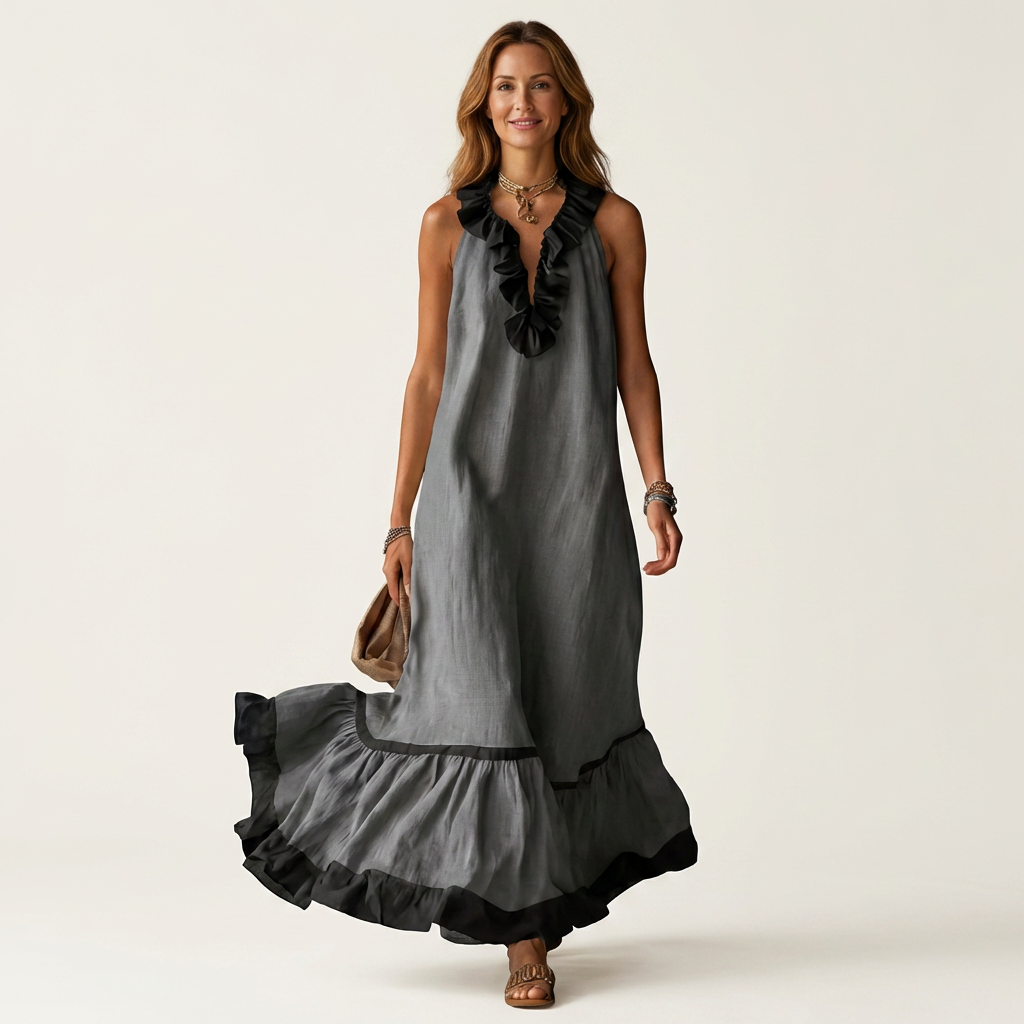 Robe Maxi Sans Manches à Col Volant