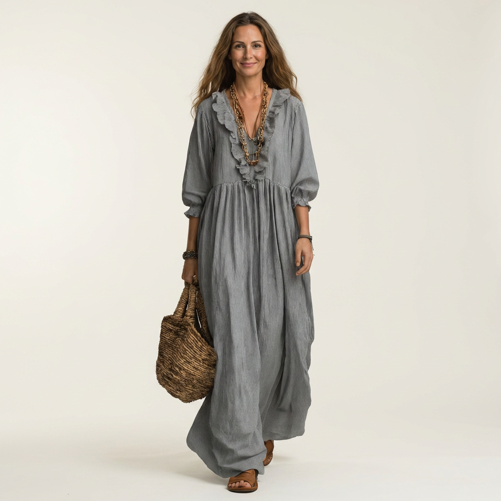 Robe Maxi Rayée à Volants