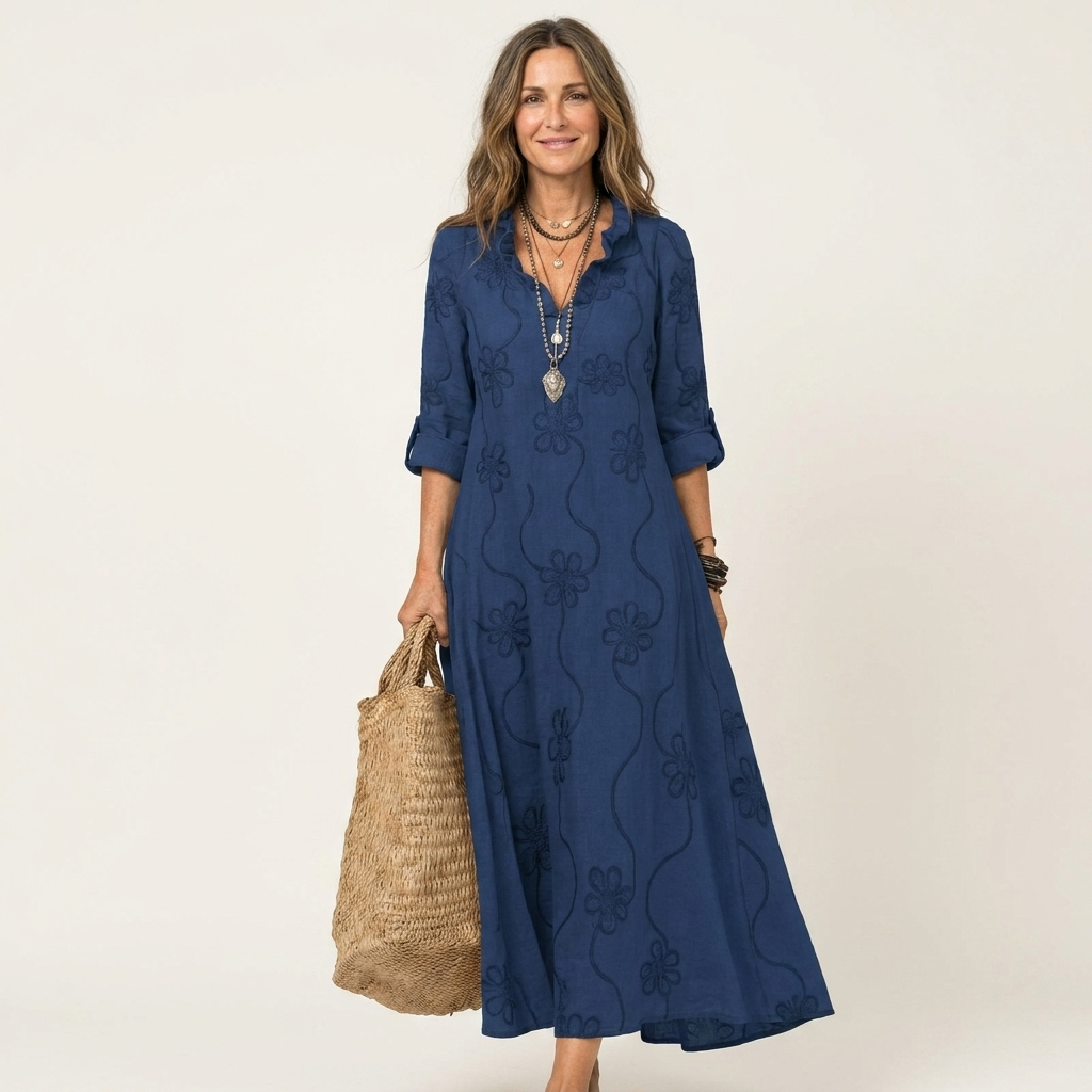 Maxi Robe Brodée en Coton-Lin