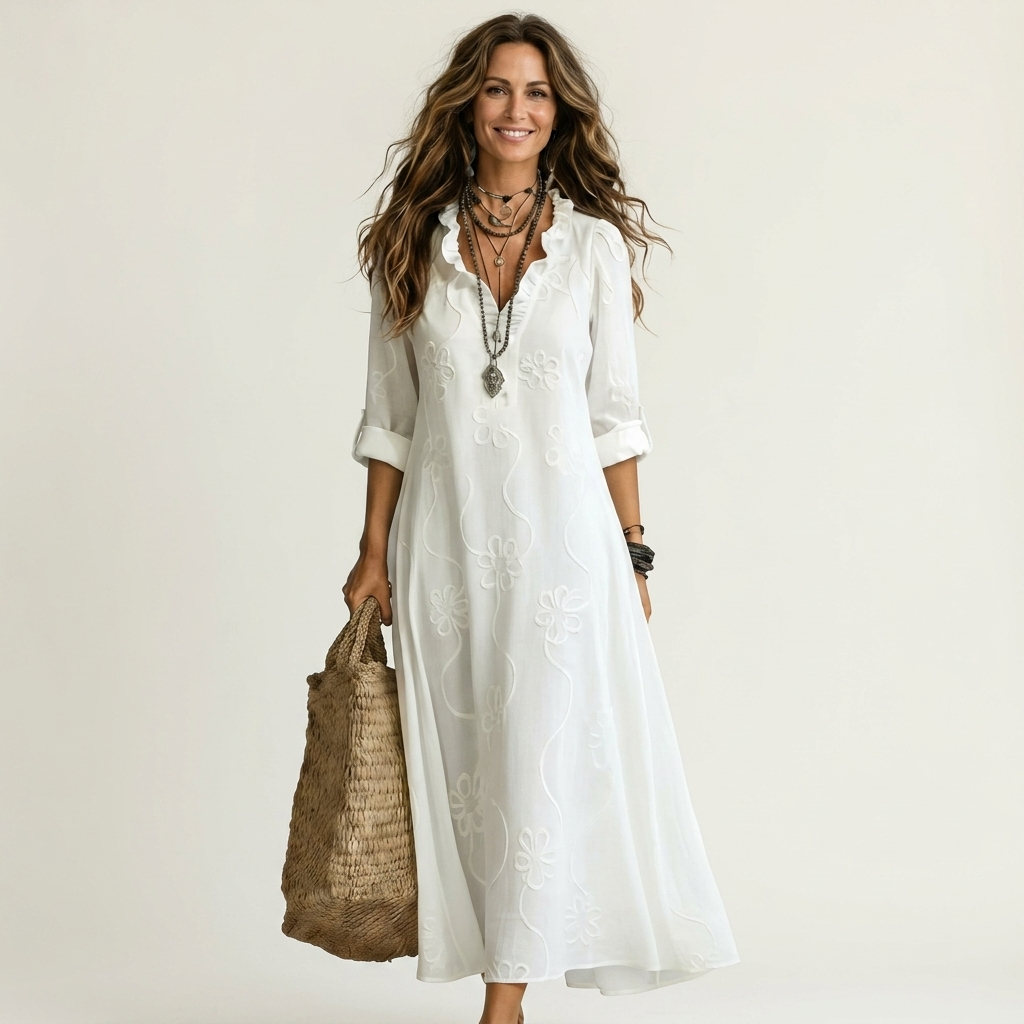 Maxi Robe Brodée en Coton-Lin