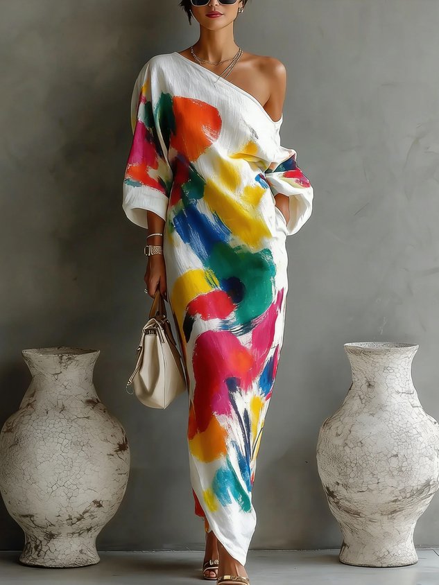 Robe Maxi Imprimé Abstrait à Une Épaule