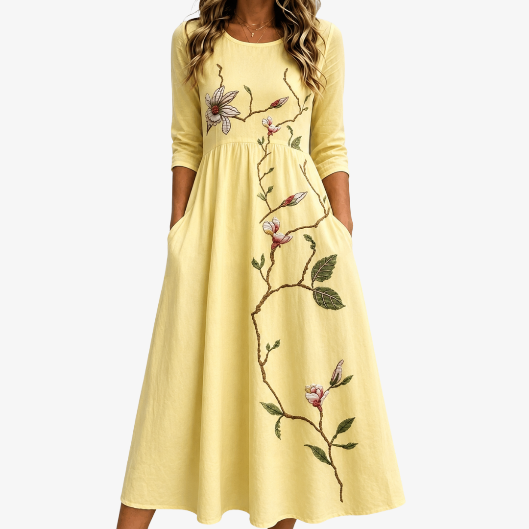 Robe Midi Fleur Dorée à Poches
