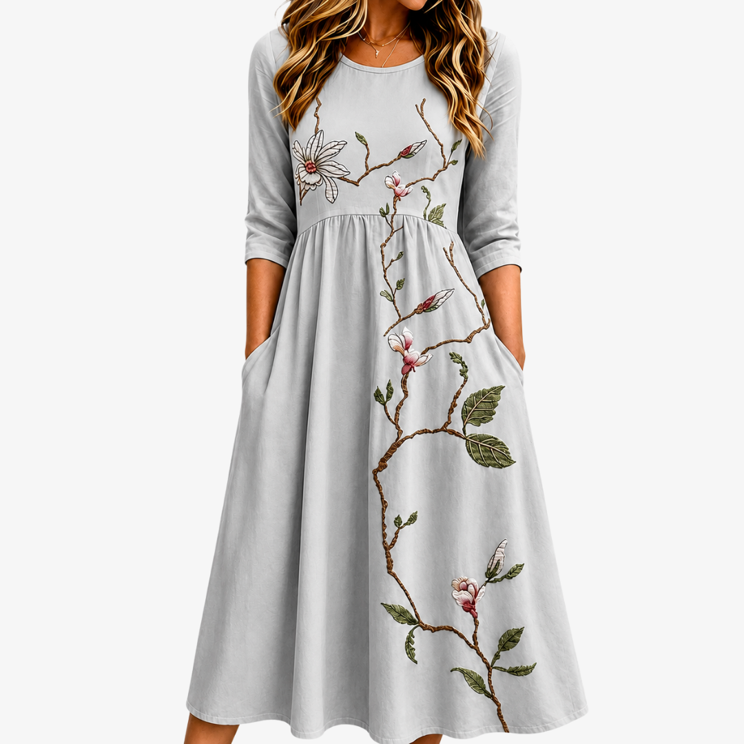 Robe Midi à Poches Fleurs de Prairie Argentées