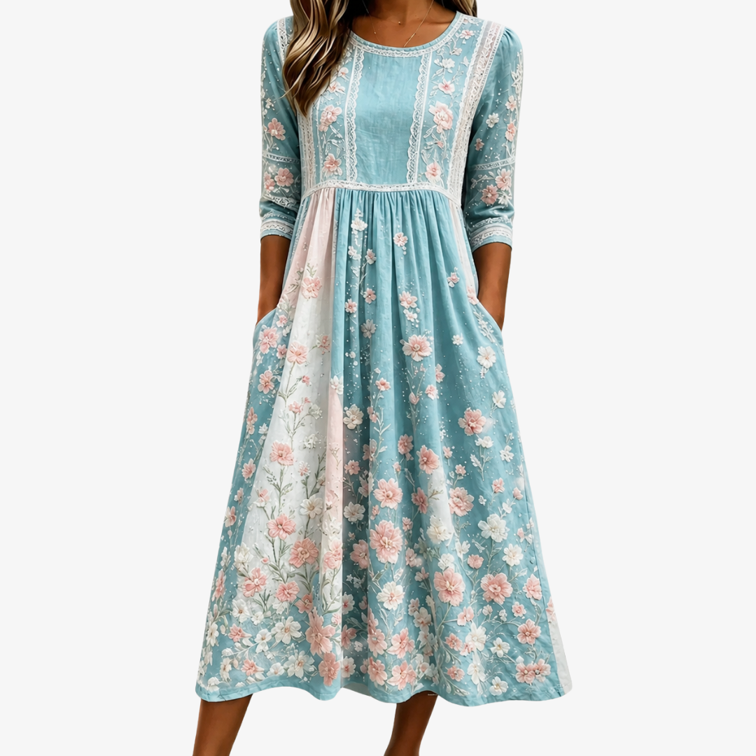 Robe Midi à Motif Patchwork Fleurs Printanières