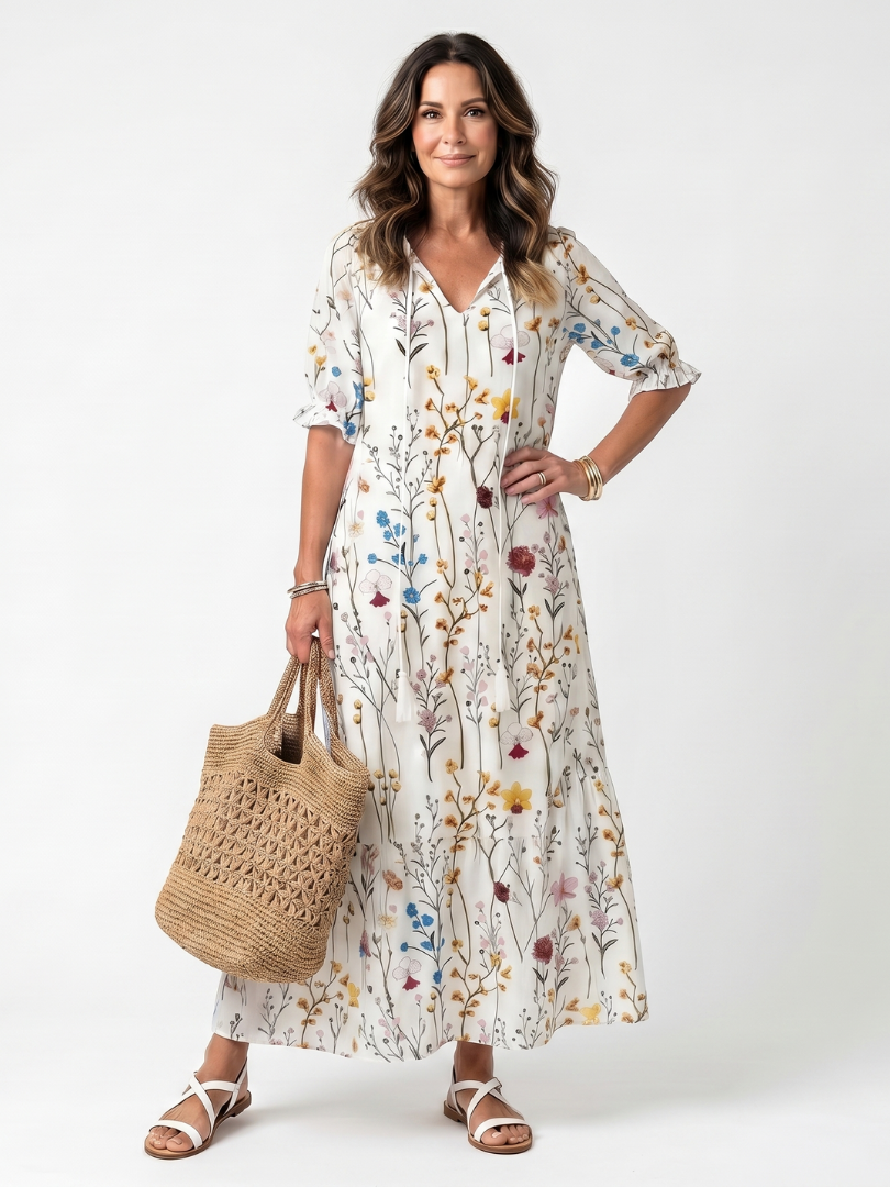 Sylvie | Robe Midi à Nouer avec Motif Botanique