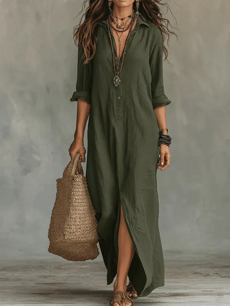 Robe Maxi Noire Évasée avec Boutons