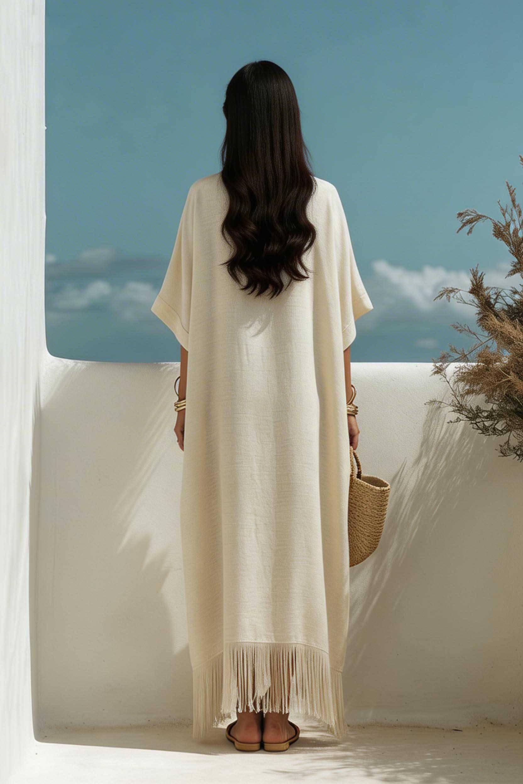 Maxi Robe à Col V avec Franges