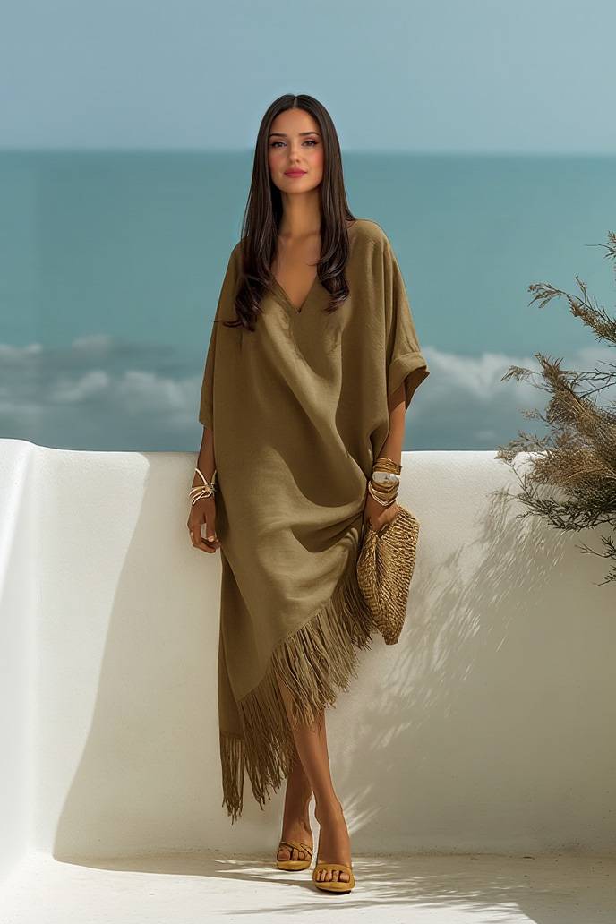 Maxi Robe à Col V avec Franges