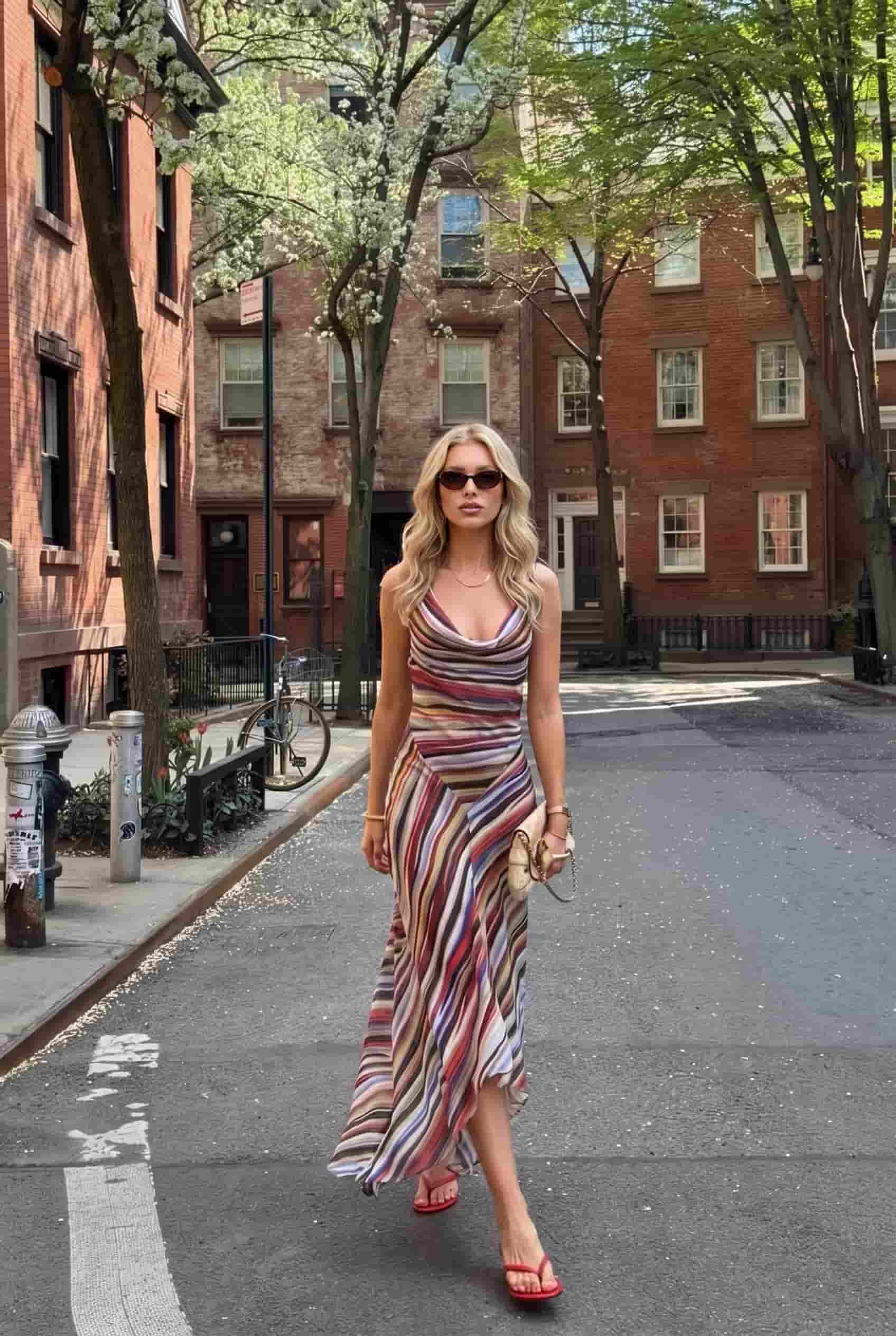 Robe Maxi Rayée à Col Swing
