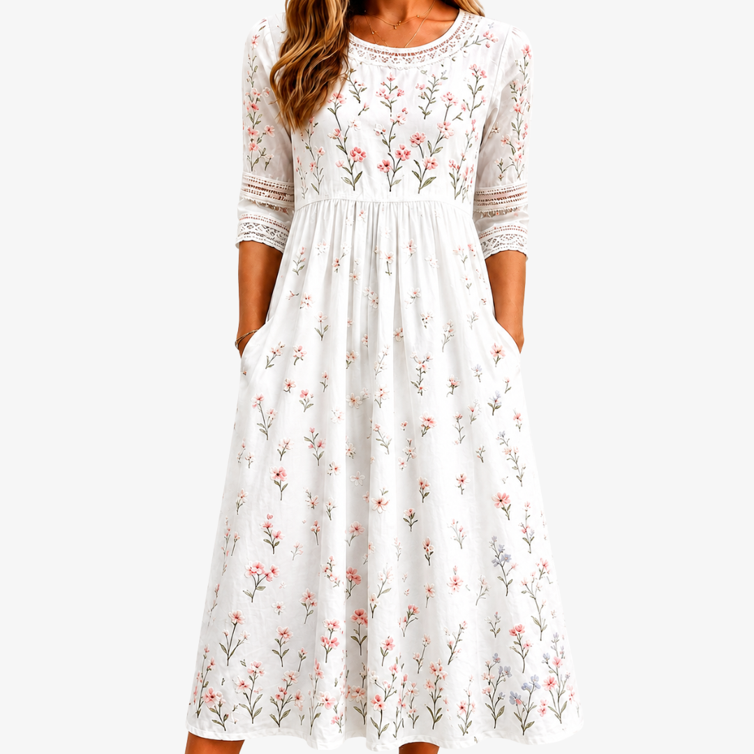 Robe Midi à Poches avec Motif de Fleurs Murmurantes