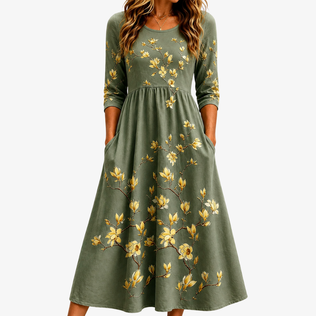 Robe Midi Grace Blossom en Sage avec Poches