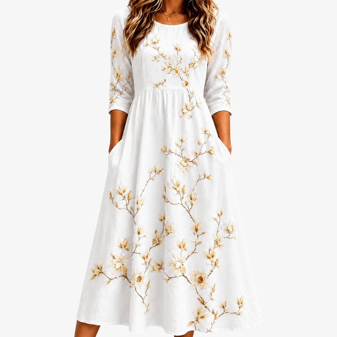 Robe Midi avec Poche en Fleurs d'Ivoire