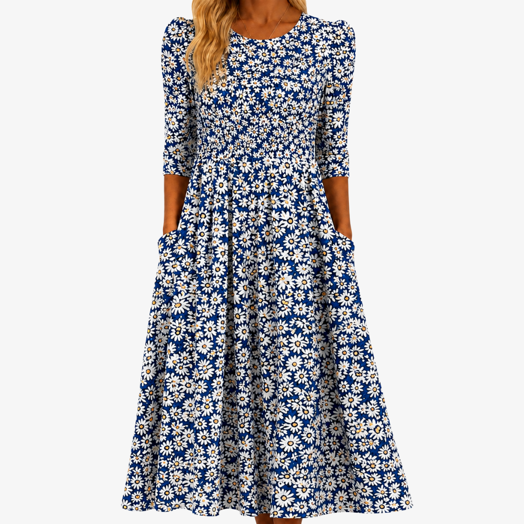 Robe Maxi avec Poches - Imprimé Jardin Marguerite Bleue