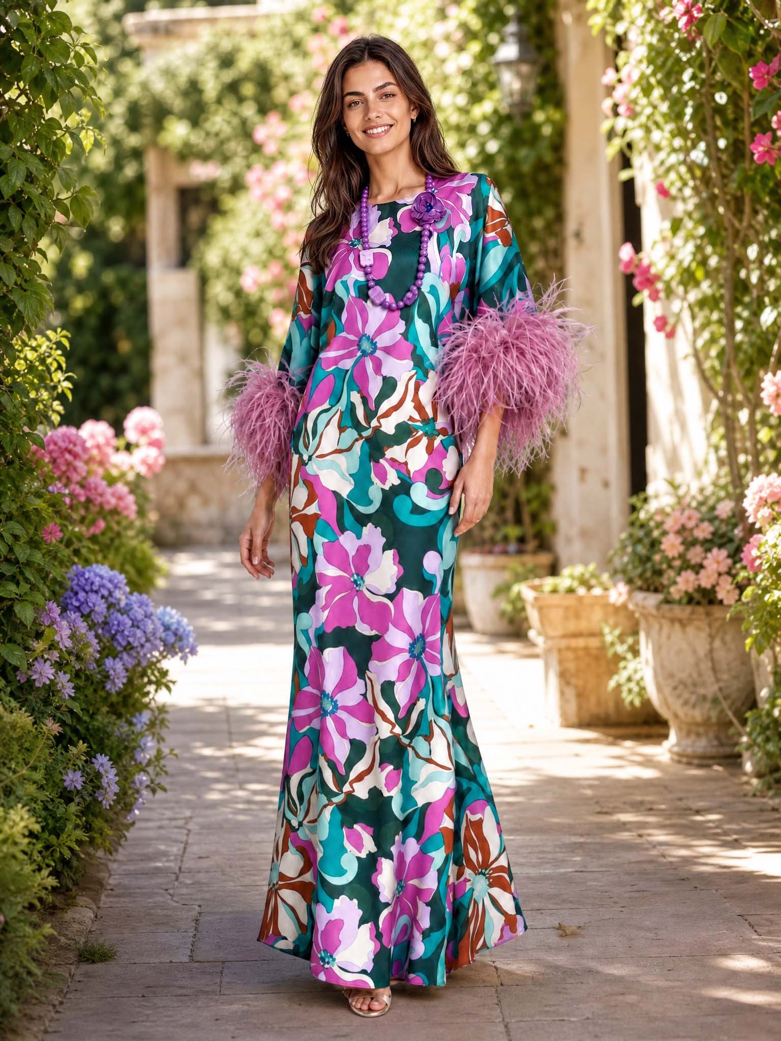 Robe maxi satinée fleurie