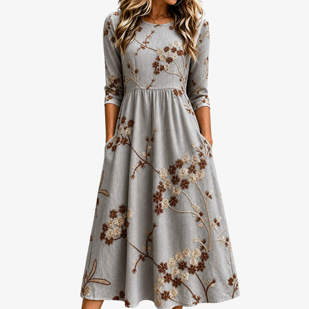 Robe Midi à Poches avec Motif Fleurs d'Automne