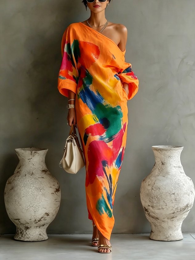 Robe Maxi Imprimé Abstrait à Une Épaule