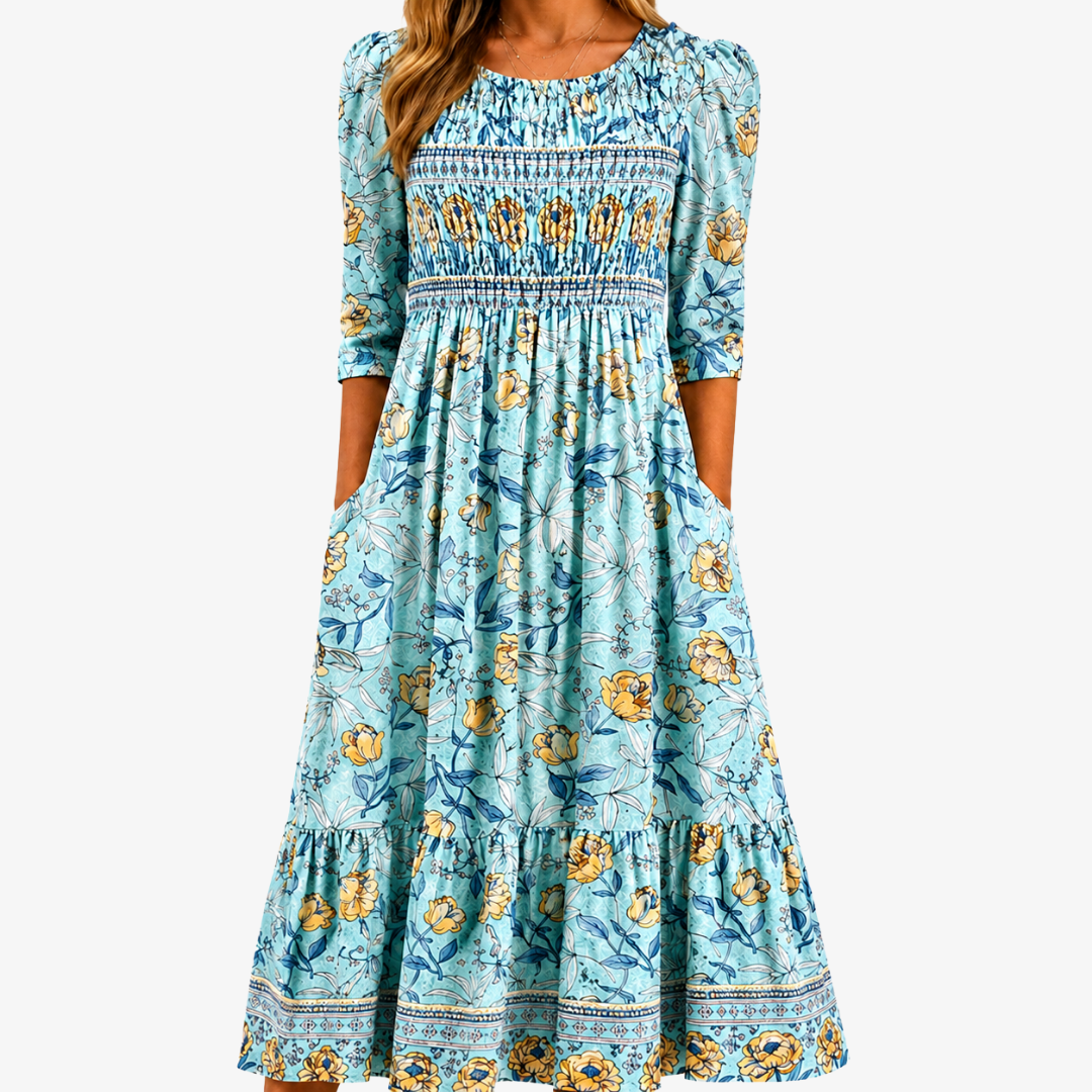 Robe Midi Froncée Golden Bloom pour le Jardin