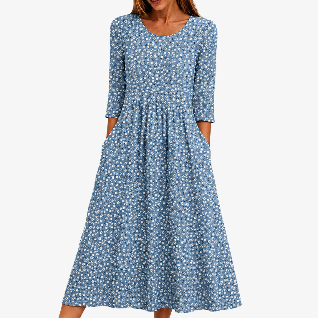 Robe Midi Fleurie Facile à Enfiler - Prairie Bleue