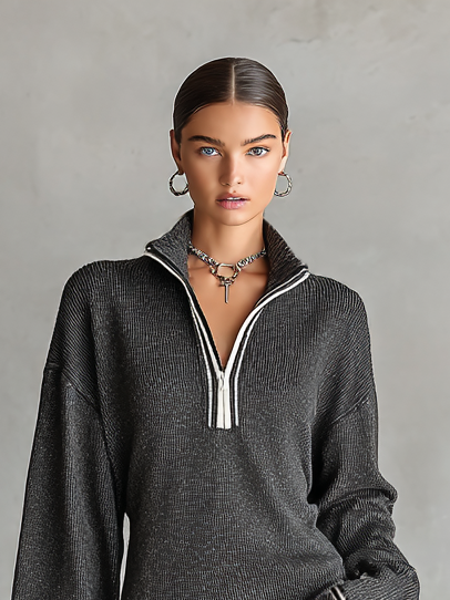 Mini Robe Tricot Lâche avec Col Polo et Zip