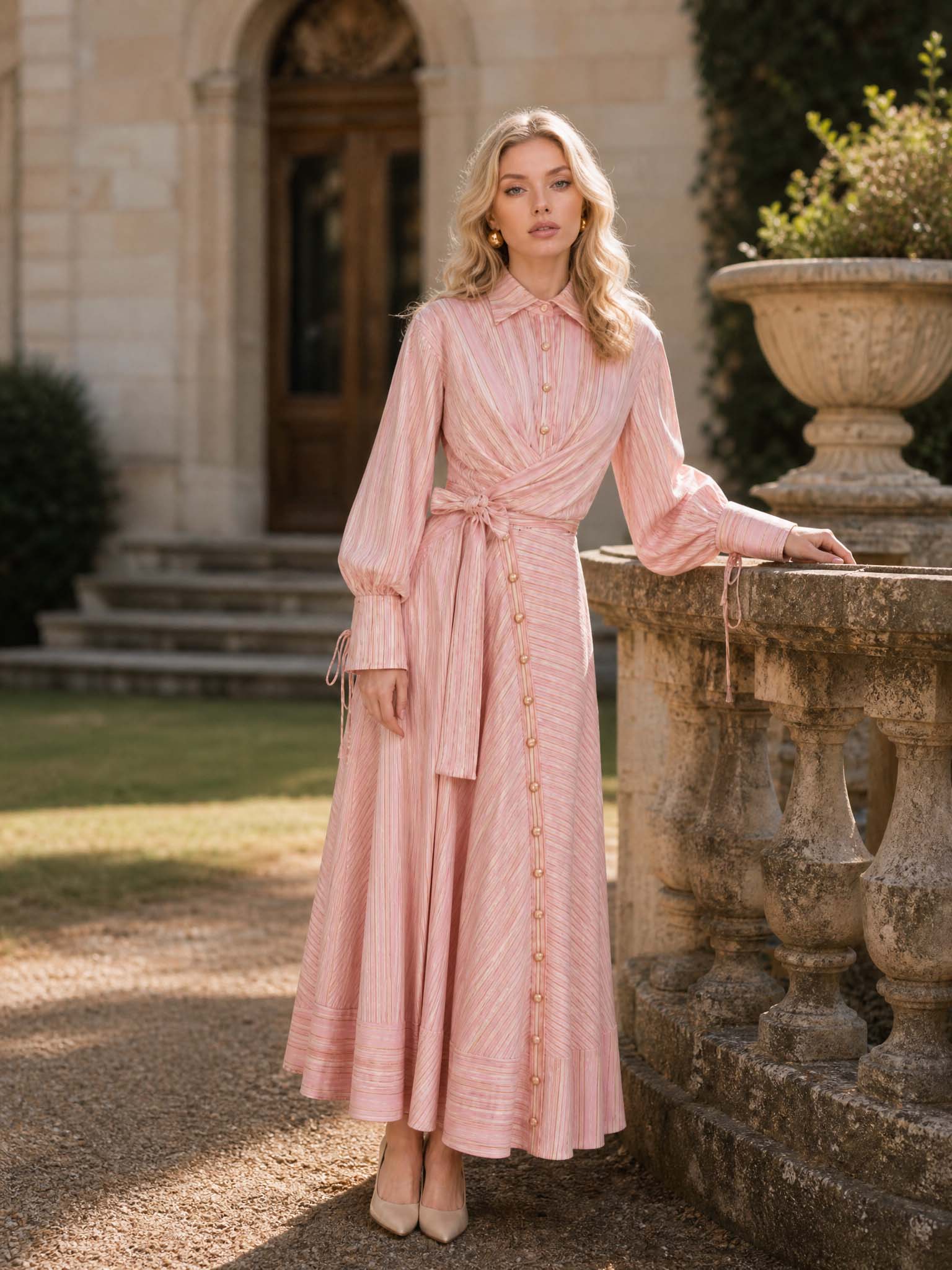 Robe maxi rose ceinturée