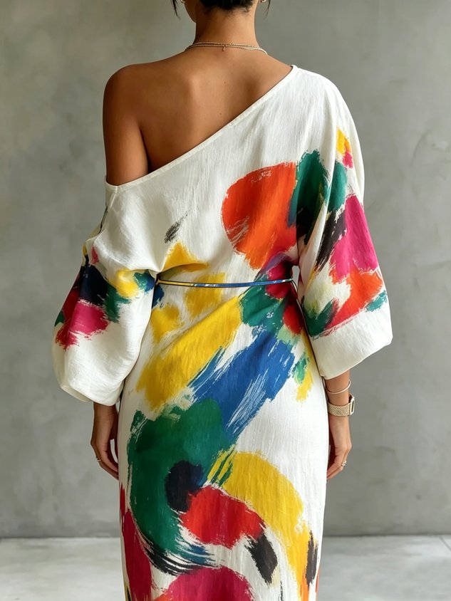 Robe Maxi Imprimé Abstrait à Une Épaule