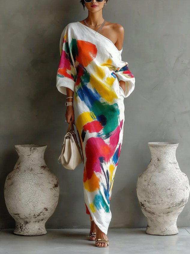Robe Maxi Imprimé Abstrait à Une Épaule