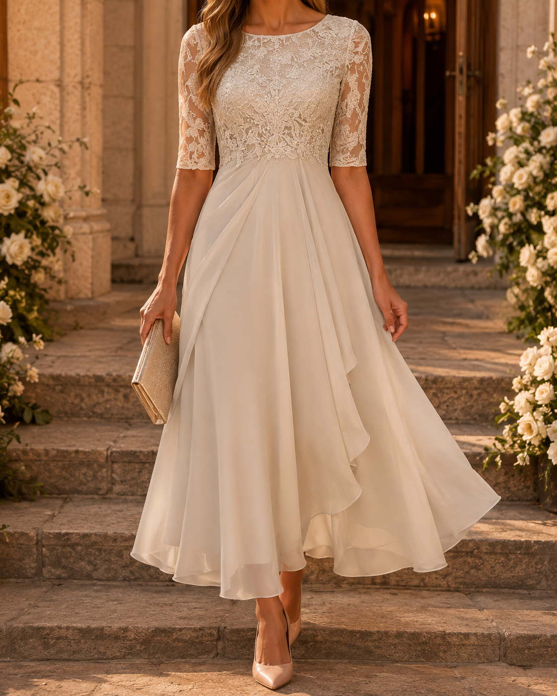 Rose Robe Midi en Dentelle
