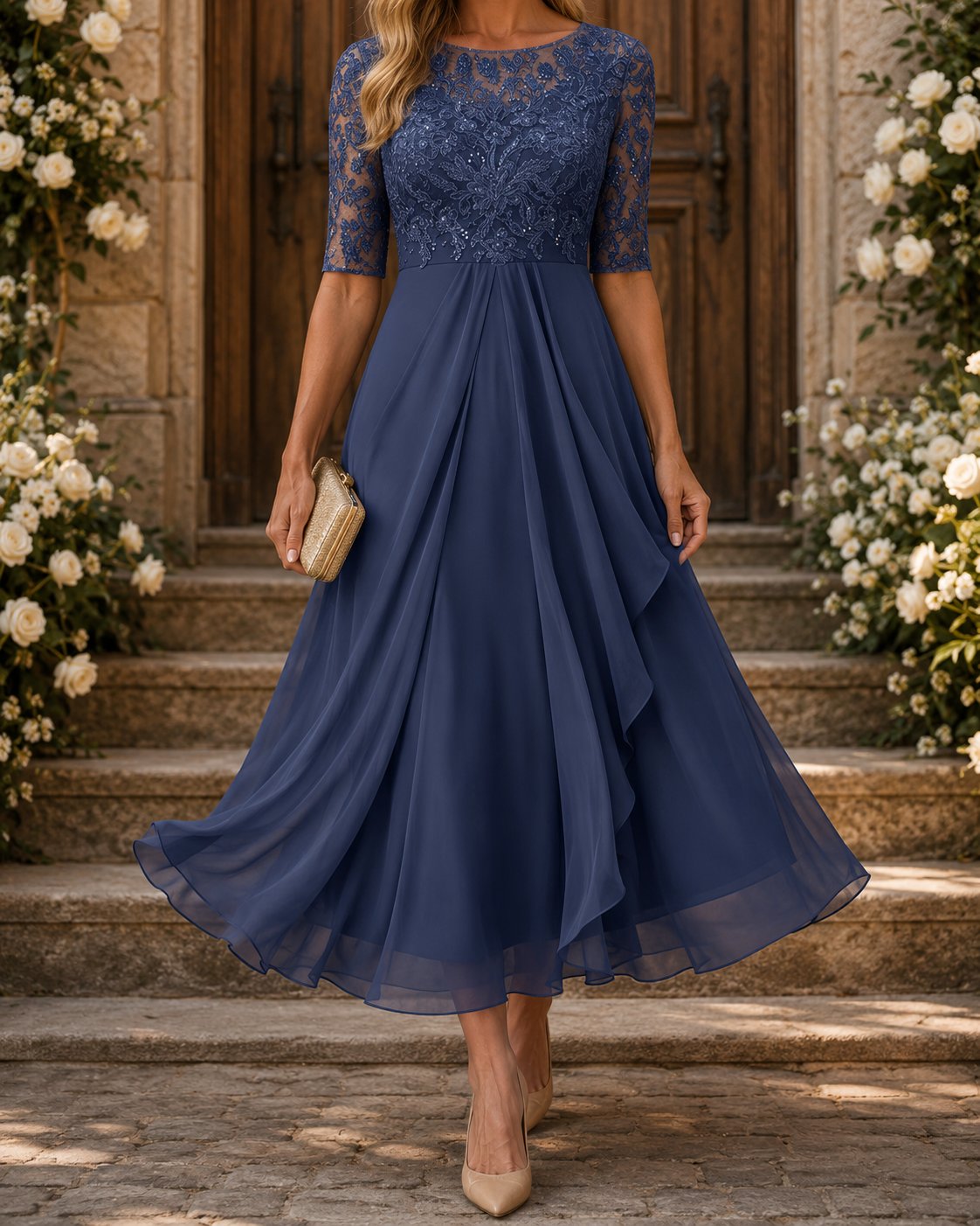 Rose Robe Midi en Dentelle