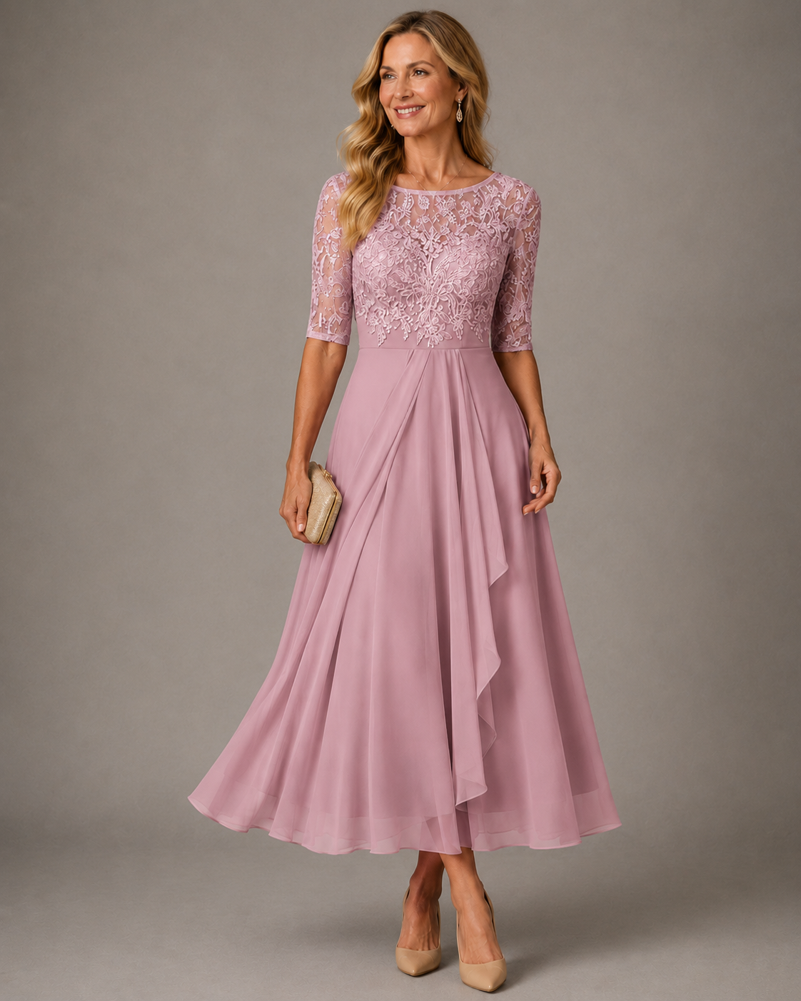 Rose Robe Midi en Dentelle