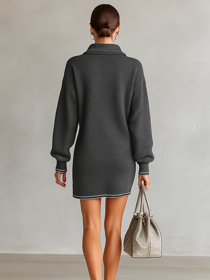 Mini Robe Tricot Lâche avec Col Polo et Zip